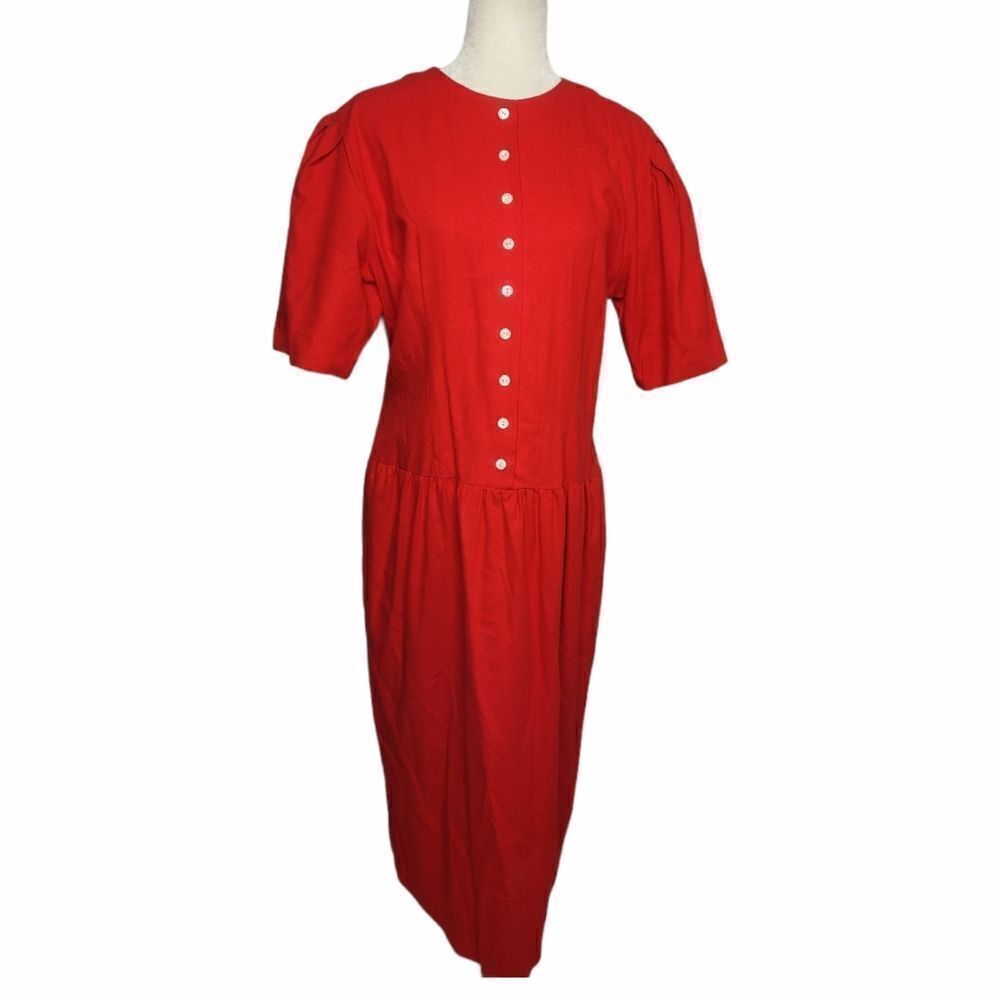 VINTAGE 80s dress Liz Claiborne red button up raw‎ silk speckled midi 12